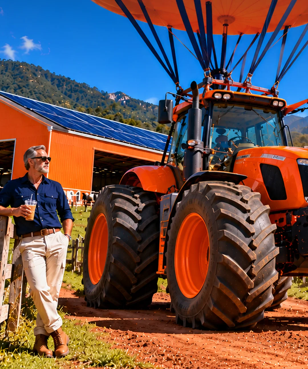 An orange tractor parked beside the farmer and the solar-roofed shed