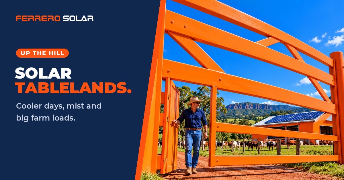 Farmer opening an orange gate on the Atherton Tablelands with solar shed behind – Ferrero Solar